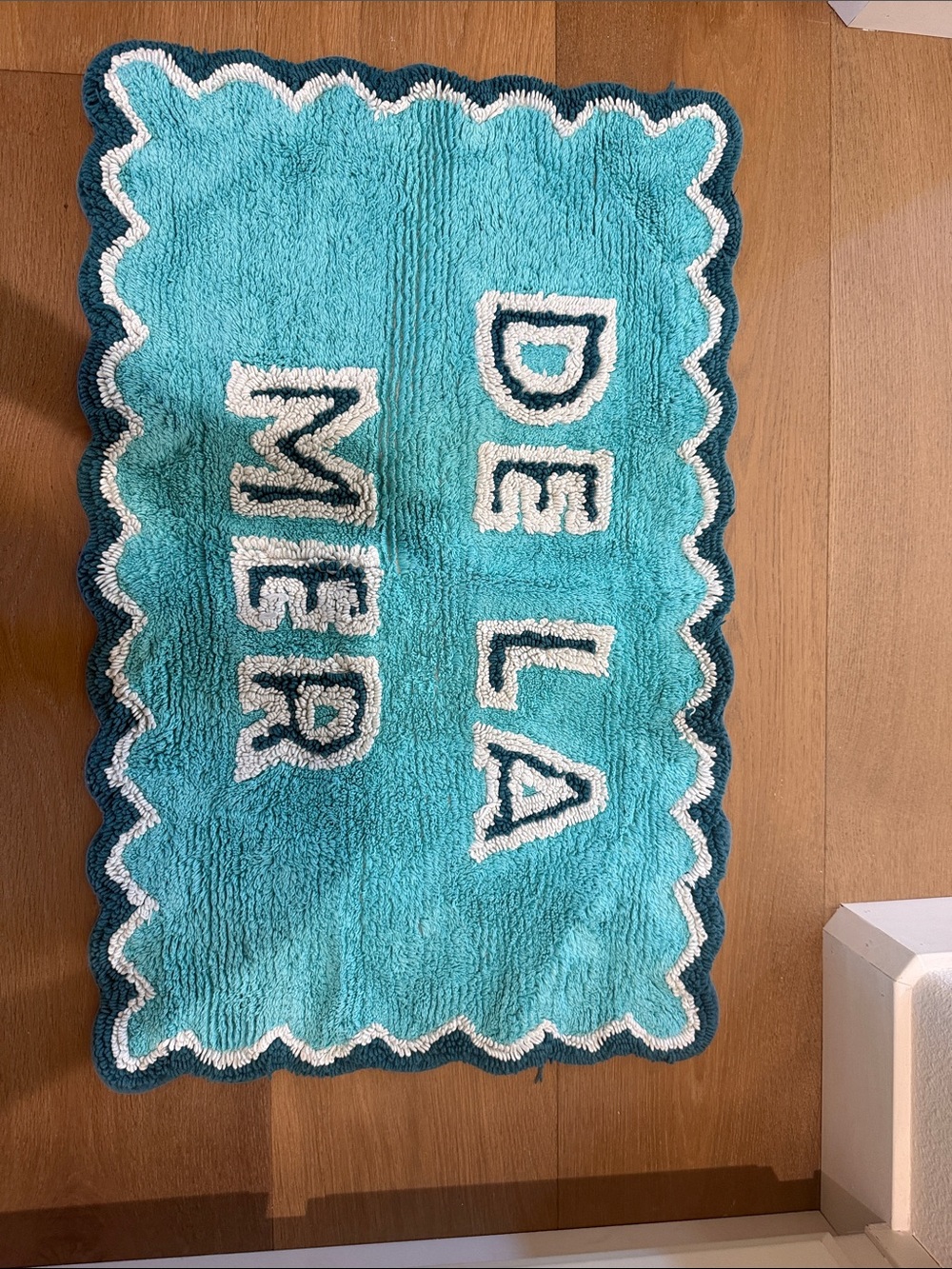 Anthropologie Turquoise Bath Mat with White and Teal Trim